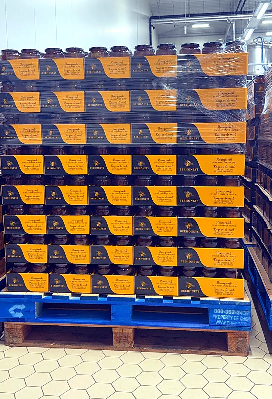 Full pallet of Beehoneys honeycomb jars, stretch-wrapped